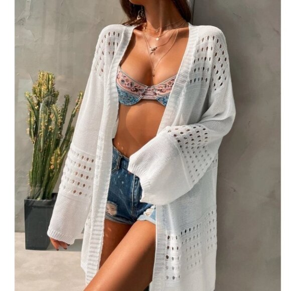 light Weight Casual Open Front Cardigan White - Picture 3 of 7